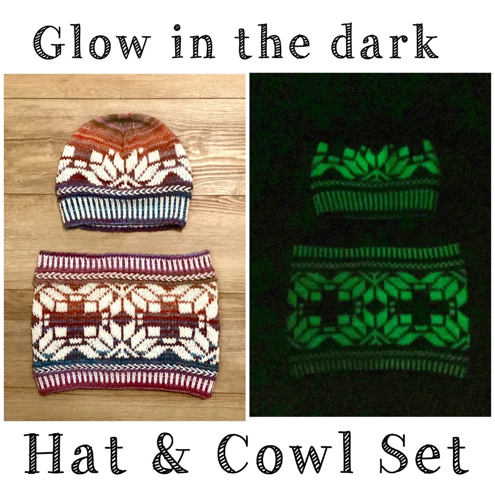 Glow In The Dark Hat Cowl Set Hand knit In USA Fair Isle Cotton Yarn NWT Adult M